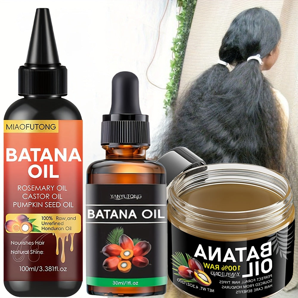 Batana Oil 3-Piece Hair Care Kit – Pure Cold-Pressed Honduras Batana Oil 3.38oz + Essential Oil 1.01oz + Hair Cream 120g, Scalp Repair, Anti-Breakage, All Hair Types