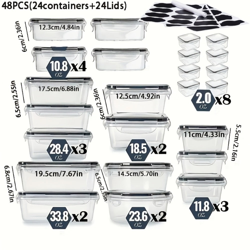 24 or 48-Piece Plastic Food Storage Container Set with Snap Lids, Labels and Marker for Pantry Organization