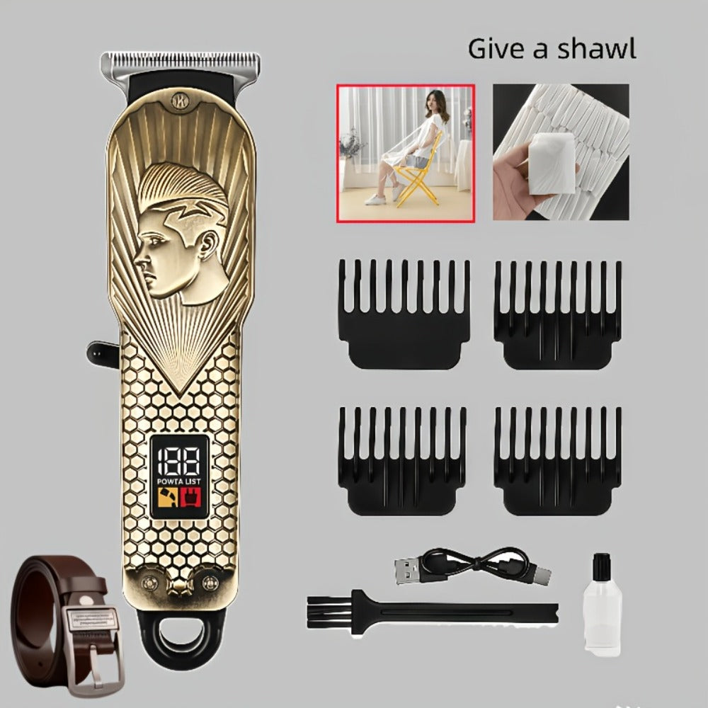 JH702 Hair Clipper Set with DC01 Fashion Belt, Digital Display, USB Charging and Two Engraved Design Options