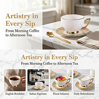 Espresso Cups Set 12 Pcs – 7.44 Oz Small Ceramic Cappuccino Cup Set with 6 Cups, 6 Trays & 6 Spoons – Elegant Coffee & Tea Cup Set with Handles – Perfect Gift for Coffee Lovers