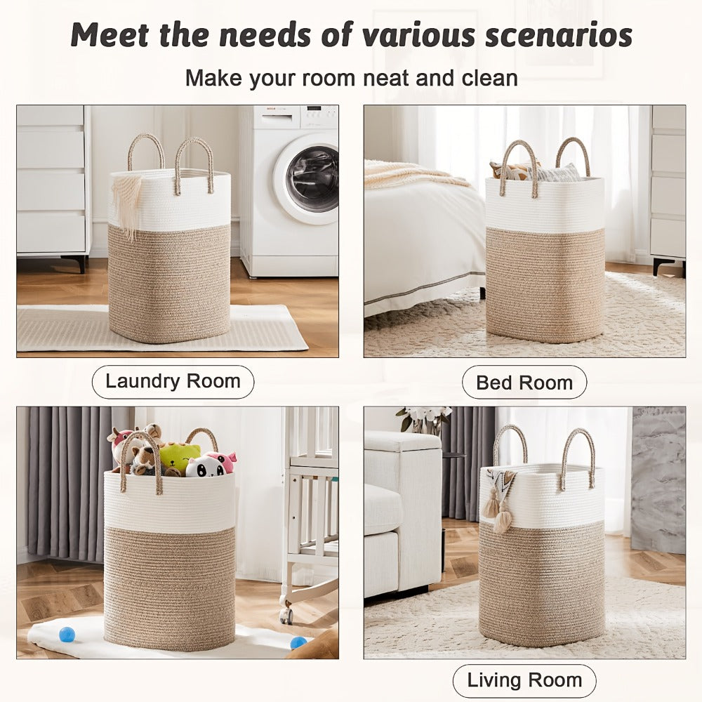 Woven Cotton Rope Laundry Basket with Twin Handles, 40L to 100L Sizes and Five Two-Tone Color Options