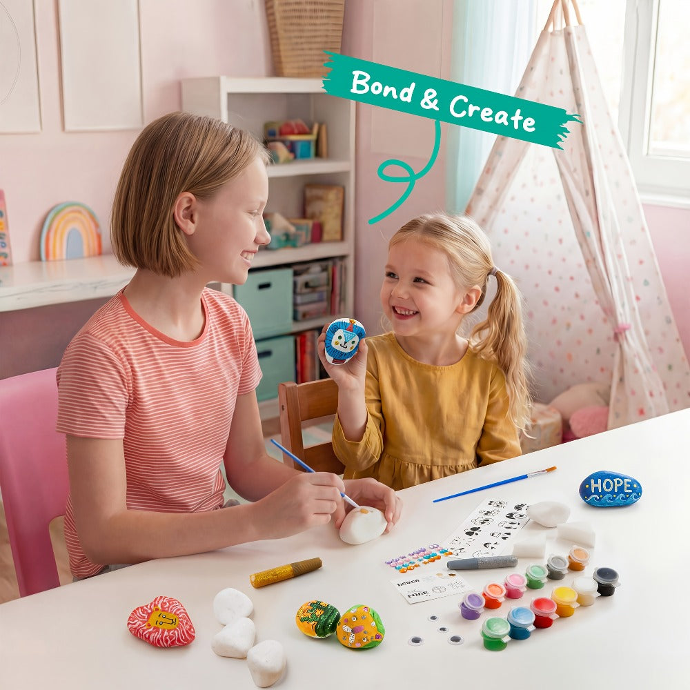 Rock Painting Craft Kit with 10 Stones, 16 Paint Colors, Brushes, Gems, Glitter and Stickers