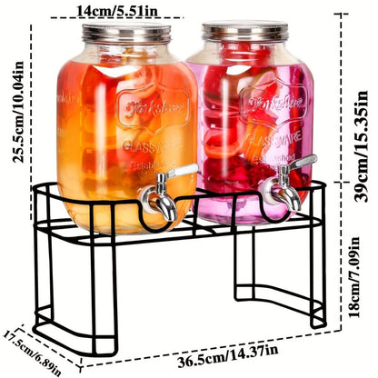 Two 1-Gallon Glass Beverage Dispensers with Spigots and Raised Metal Stand for Parties and Events