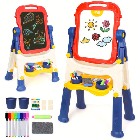 Art Easel for Kids Adjustable Double-Sided Standing Easel with Painting Accessories for Boys & Girls Ages 3+ – Rotatable Portable Chalkboard Whiteboard Children's Easel | Birthday Christmas Gift