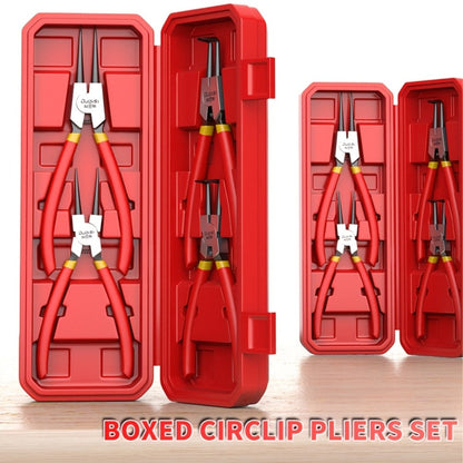 Four-Piece Snap Ring Pliers Set with Straight and Curved Jaws for Internal or External Rings in 7- or 9-Inch Sizes
