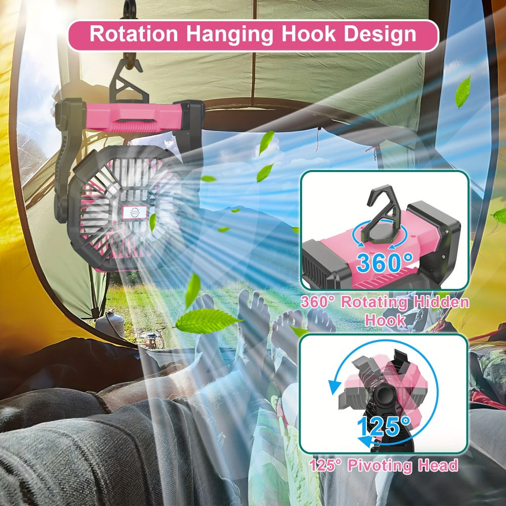 Portable Camping Fan with Hanging Hook, Three-Level Lantern and 12 Color or Style Options Pictured
