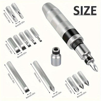 Thirteen-Piece Manual Impact Screwdriver Set with Reversible Driver, Chisel Bits and Screw Extractors