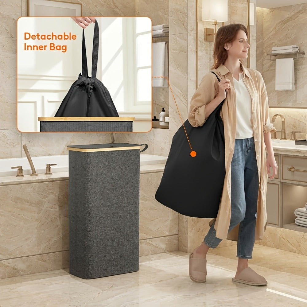 Slim Laundry Hamper with Lid & Removable Bag – Foldable Narrow Clothes Basket with Bamboo Handles for Bathroom, Bedroom & Dorm – 50L / 65L / 75L Space-Saving Collapsible Laundry Bin