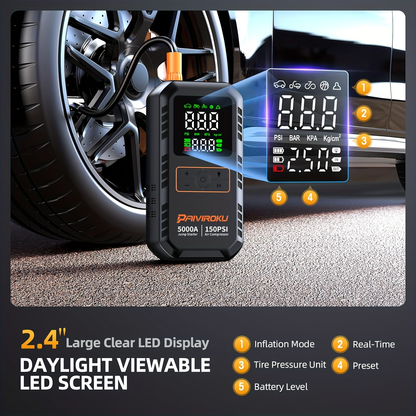 5000A Car Jump Starter with 150 PSI Digital Tire Inflator, 12V Clamps and 44.4Wh, 59.2Wh or 74Wh Options