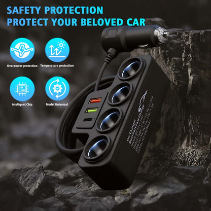 Car Power Splitter with Four 12V Sockets, USB-C, Dual USB-A and 72cm Cord for 12V/24V Vehicles