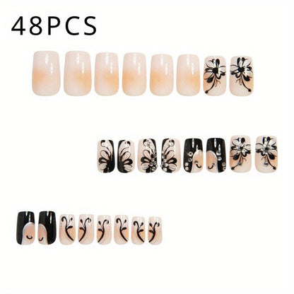 Matte Press On Nails 48 Pieces Black White Square – French Tip Butterfly Pattern Full Cover Detachable False Nails for Women | Elegant Nail Art Gift Set for Valentines Day Holiday Party Wedding