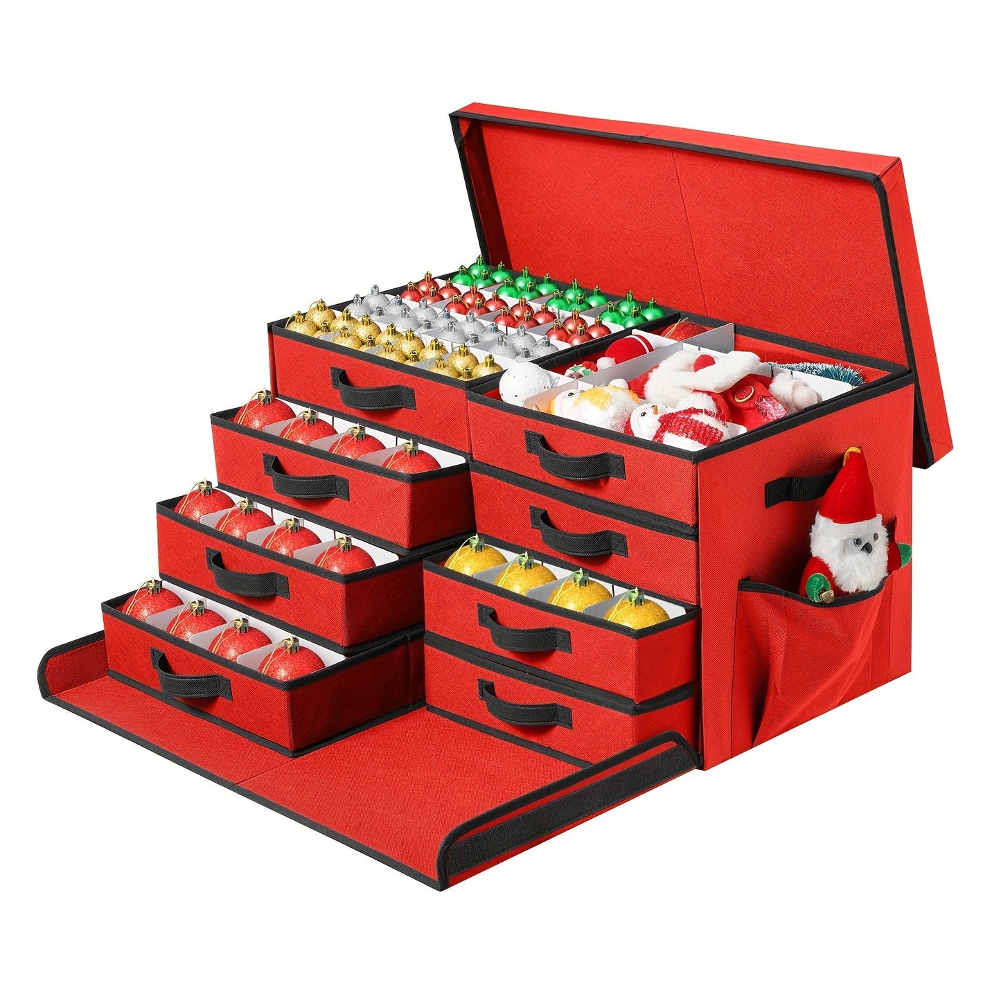 Christmas Ornament Storage Box with 128 Compartments, Eight Removable Trays and Red or Green Color Options