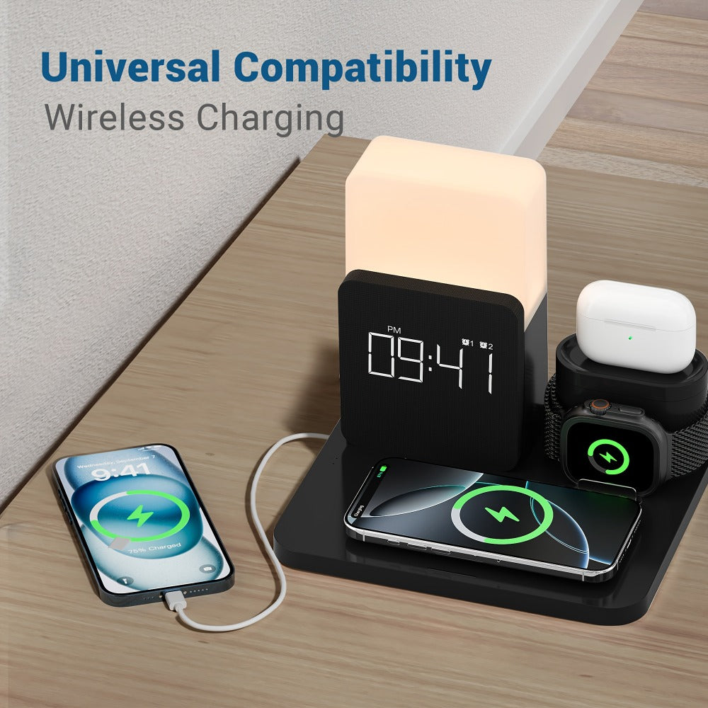 Wireless Charging Station, 3-in-1 Bedside Dock with Alarm Clock for iPhone and Samsung Galaxy Phones