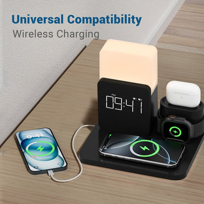 Wireless Charging Station, 3-in-1 Bedside Dock with Alarm Clock for iPhone and Samsung Galaxy Phones