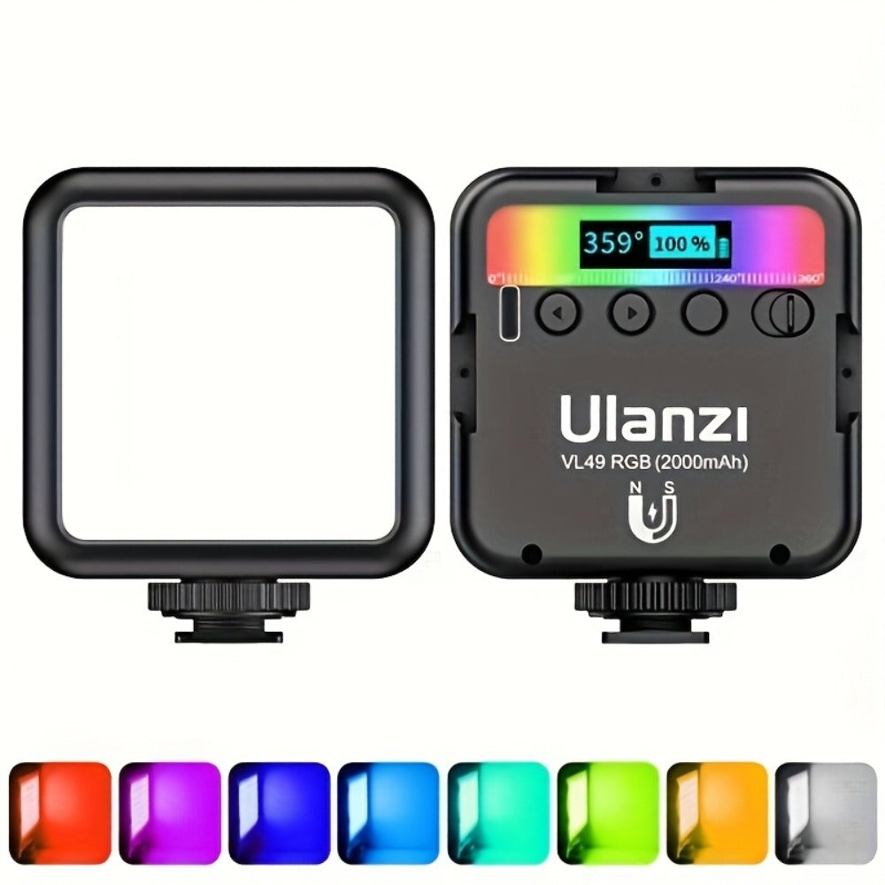 ULANZI VL49 RGB Video Light 360° Full Color LED Camera Light Panel - 2000mAh Rechargeable Dimmable Photography Lighting with 3 Cold Shoe Mounts & Magnetic Attachment for Portrait Studio Content Creation