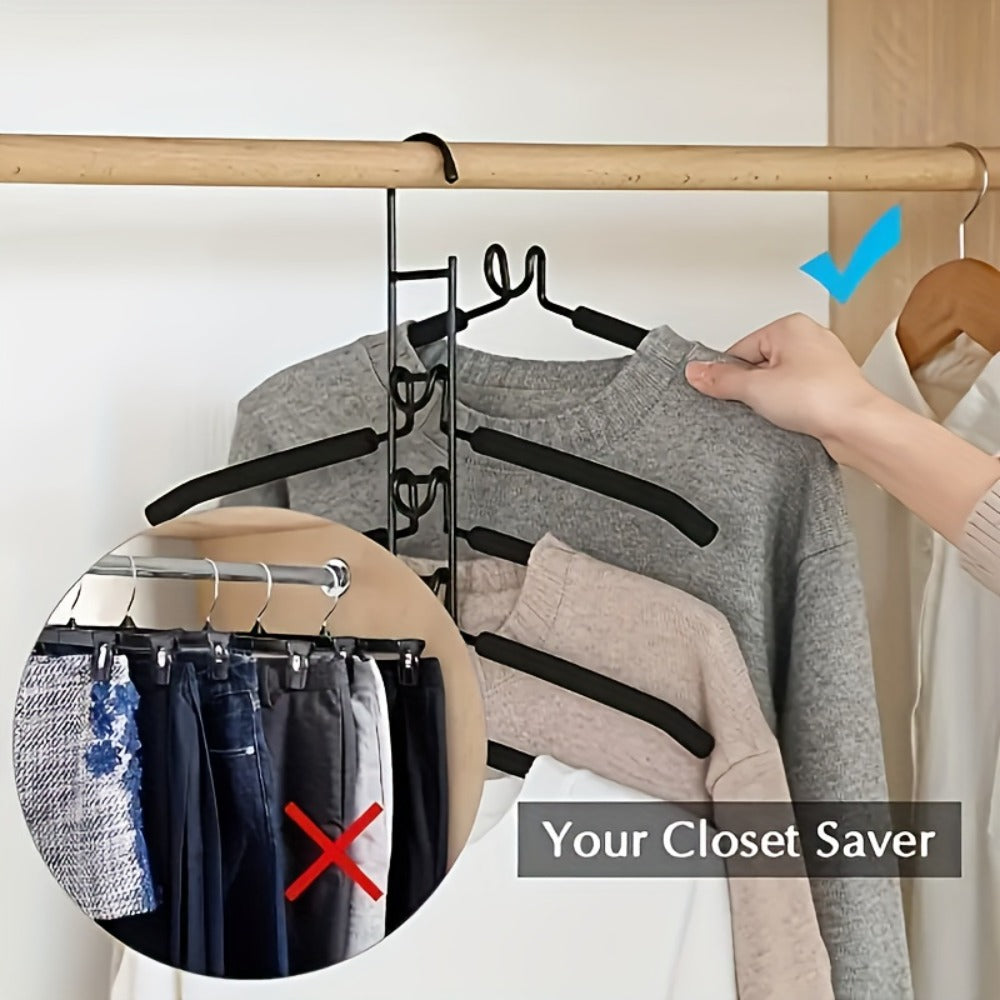 Five-Tier Cascading Clothes Hanger Organizers with Padded Arms in a Two-Piece Black Set for Closets