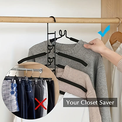Five-Tier Cascading Clothes Hanger Organizers with Padded Arms in a Two-Piece Black Set for Closets