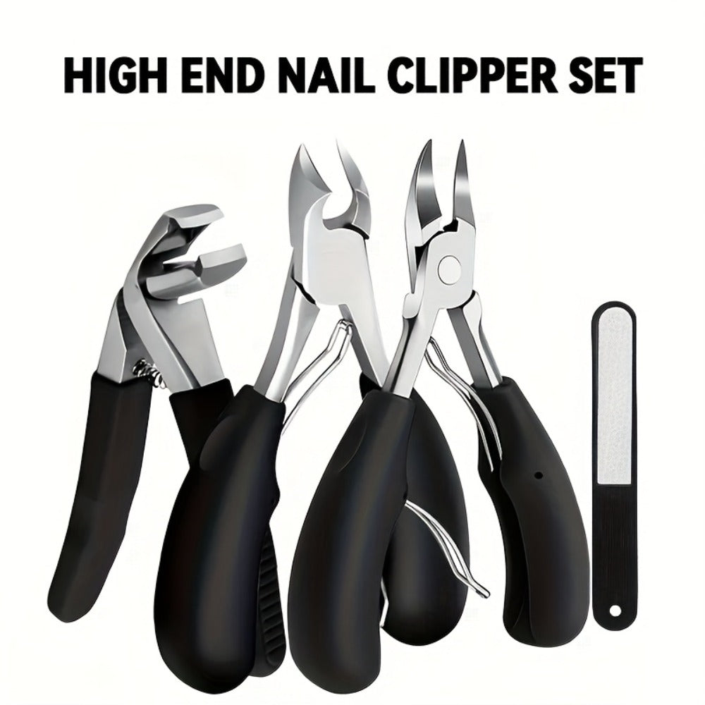 Angled Nail Clipper Set, Four Black-Handle Clipper Tools with Curved Jaws, File and Round Accessory