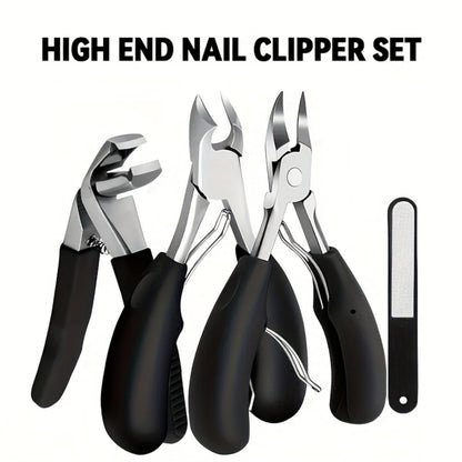Angled Nail Clipper Set, Four Black-Handle Clipper Tools with Curved Jaws, File and Round Accessory