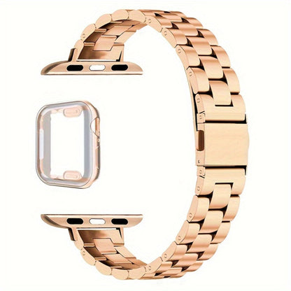 Slim Waist Apple Watch Steel Band & Half Shell Case 3-Piece Set – 2 Stainless Steel Bands + Protective Case Compatible with Apple Watch Series 1–9 SE Ultra 38 40 41 42 44 45 49mm – Gold Silver Rose Black