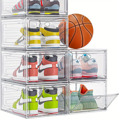Six-Pack Clear Stackable Shoe Display Boxes with Magnetic Front Doors in Black or White for Closets