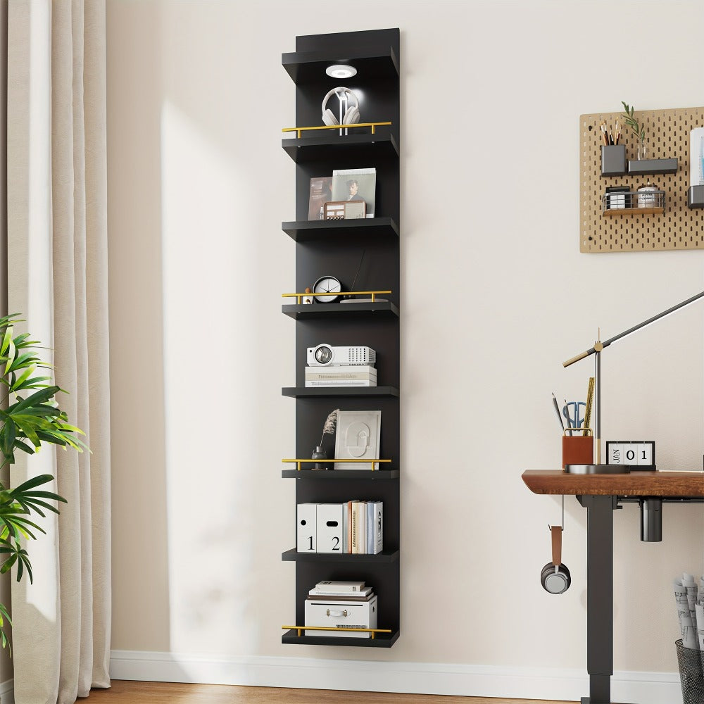 Floating Wall Shelves with LED Light - 6 & 8 Tier Wall Mounted Display Shelf Unit with Anti-Slip Rails for Bedroom, Living Room, Bathroom, Office & Dorm - Modern Space Saving Shelf (Black / White)