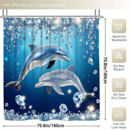 Four-Piece Dolphin Shower Curtain Set with Coordinated Bath Mat, Toilet Rug, Lid Cover and Twelve Hooks
