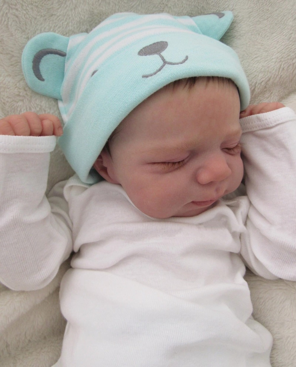 Closed-Eye 19-Inch Baby Doll with Full Vinyl Body, Mint Bear Hat and White Outfit for Pretend Play