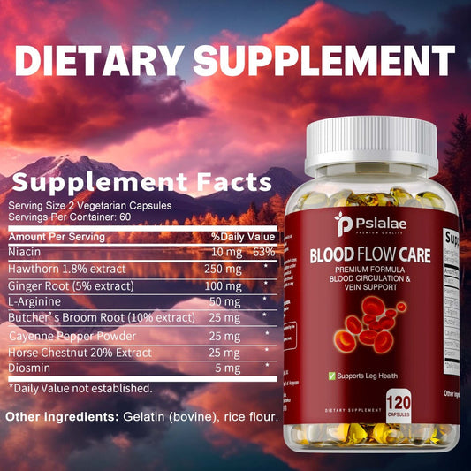 Blood Flow Support Capsules with Niacin, Hawthorn & Ginger Root – Heart Health & Leg Circulation Supplement | 120 Capsules | ShopVora UK