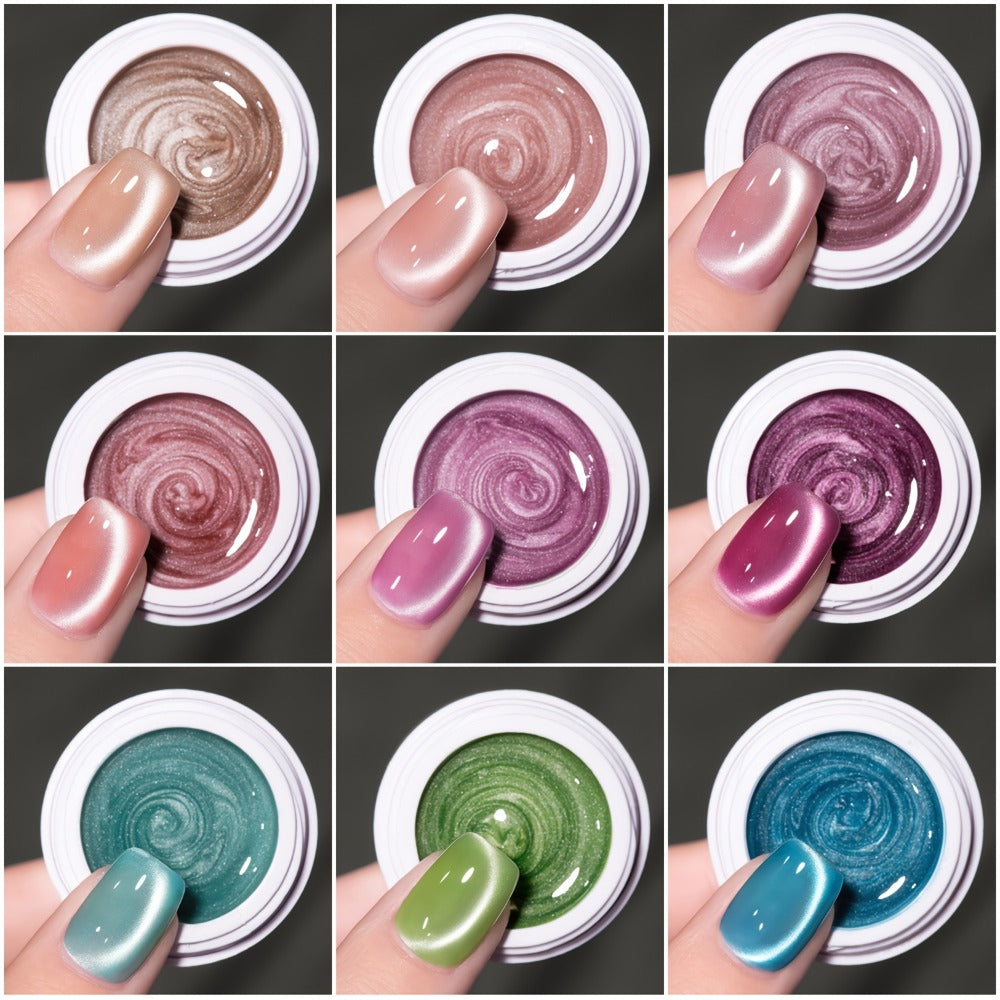 Nine-Color Cat Eye Gel Polish Jar Set with MORDDA Flower Order Shades and Included Magnetic Tool