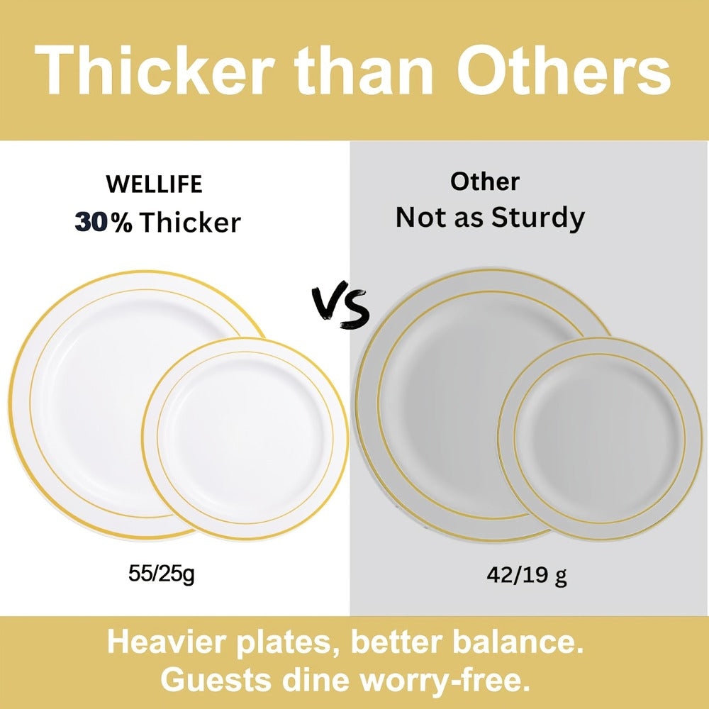 Gold Plastic Plates Disposable Dinnerware Set 350pcs, 50 Dinner Plates, 50 Dessert Plates, 50 Gold Rim 9oz Cups & 50 Gold Cutlery Sets