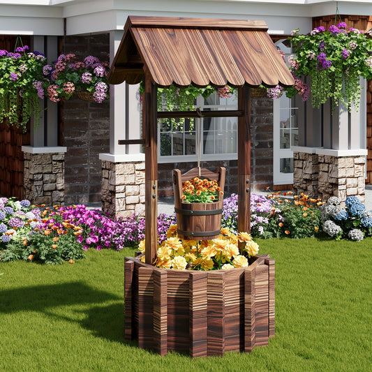 Wishing Well Planter Outdoor Wooden Rustic Garden Decor with Hanging Bucket Barrel Style for Patio Lawn Yard
