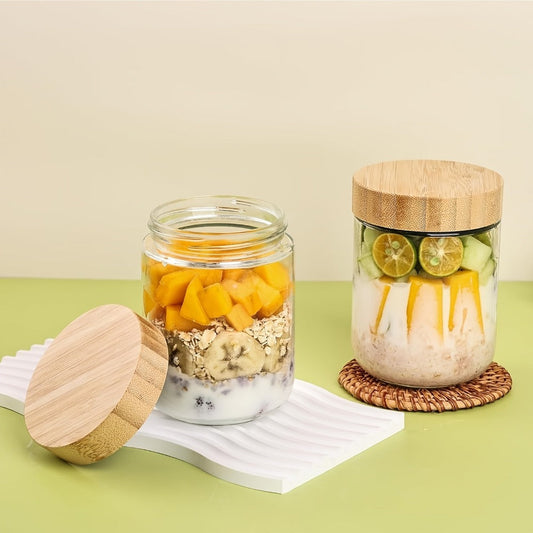 Glass Jar Food Storage Organizer with Bamboo Lids, Wide Mouths, Four-Pack 16oz or Six-Pack Spoon Sets