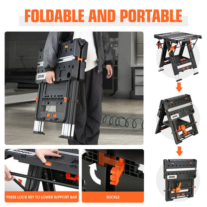Orange-and-Black Folding 31.1 x 25-Inch Workbench and Sawhorse with Clamps, Blocks and Tool Tray