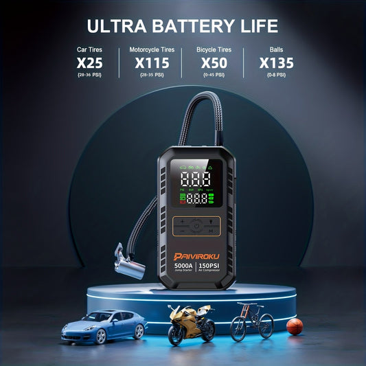 Portable Jump Starter 5000A 7-in-1 with Air Compressor 150PSI, Battery Booster for Car 7.0L Gas/6.0L Diesel, QC3.0 Power Bank, LCD Display & LED Emergency Light
