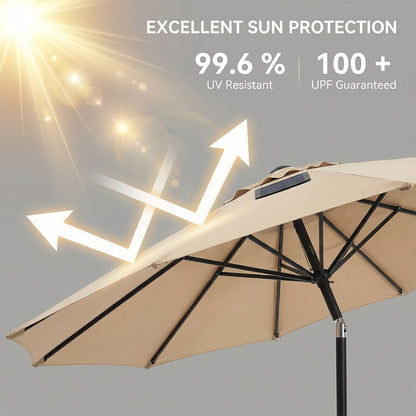 Patio Umbrella 9FT Solar LED Style with 32 Lights, Double Vent, Push Tilt, Crank and Eight Color Options