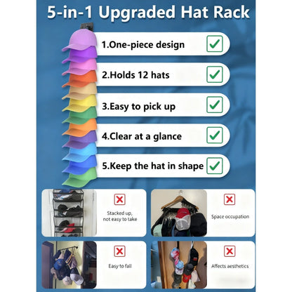 Hat Organizer Wall Mounted 2-Pack, 24-Cap Capacity Storage Hooks, Adhesive or Drill Install, Closet Entryway Bedroom Hat Rack, Durable Polypropylene, Space-Saving Vertical Display