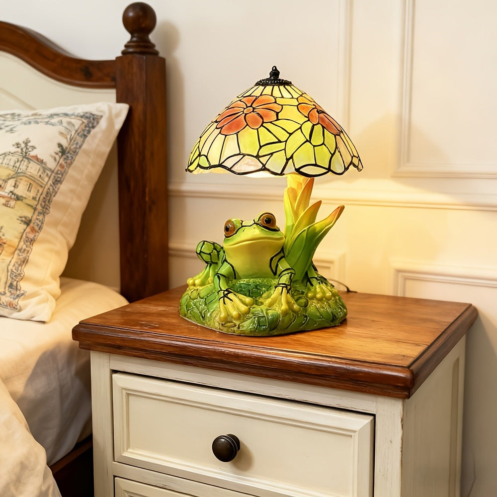 Table Lamp with 3D Frog Base, Floral Art-Glass Shade and Single Corded Decorative Design for Bedside Decor