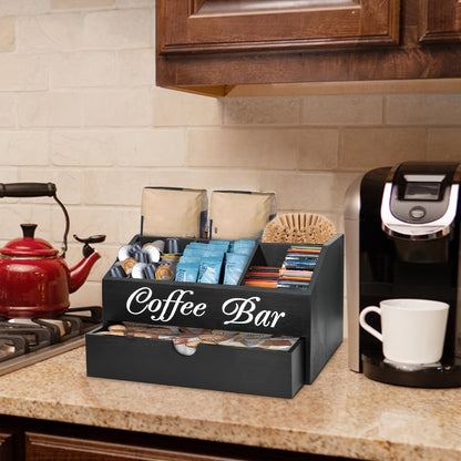 Coffee Bar Station Kitchen Organizer Wood Countertop Rack with Five Compartments and One Drawer