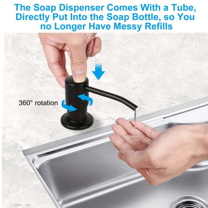 Built-In Black Sink Soap Dispenser with 47-Inch Extension Tube, Four Bottle Caps and Deck-Mount Pump