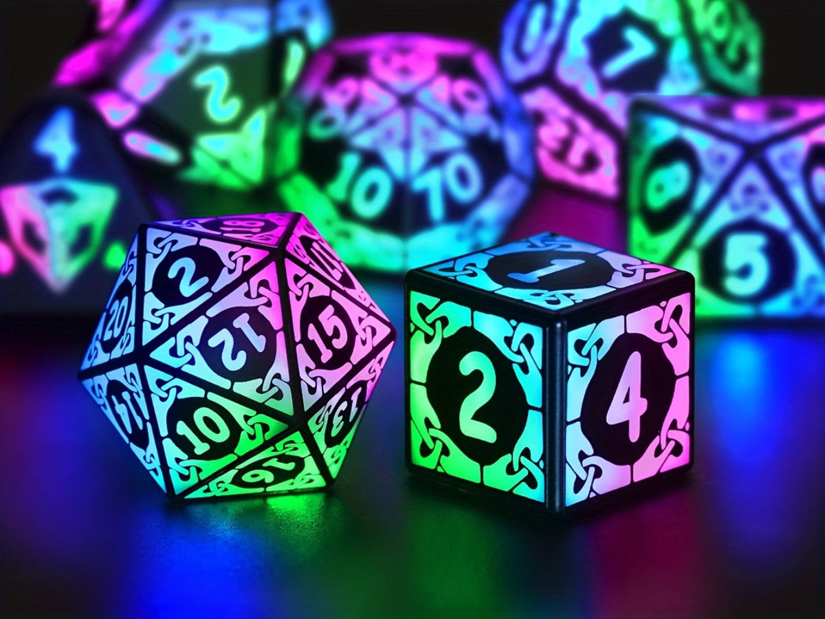 LED Dice Set 7pcs Wireless Rechargeable Light Up, Colorful Glowing Polyhedral Dice with Charging Box