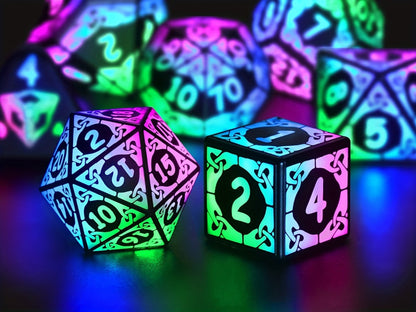 LED Dice Set 7pcs Wireless Rechargeable Light Up, Colorful Glowing Polyhedral Dice with Charging Box