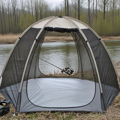 Portable Khaki Dome Screen Tent with Full Mesh Panels, Wide Zippered Entry and Flexible Pole Frame