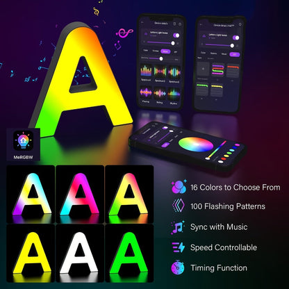 RGB LED Letter and Number Light with 38 Checkout Shapes, USB Power, App Control and Music Sync
