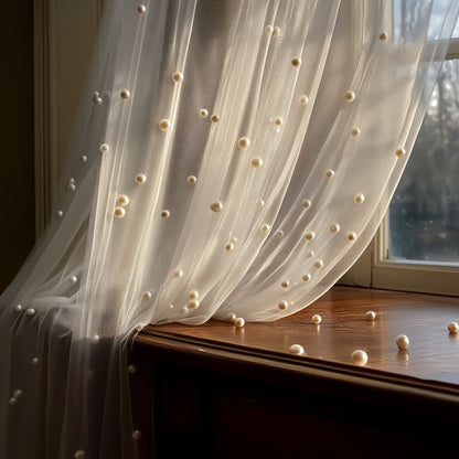 White Pearl-Embellished Sheer Tulle Fabric Roll in 160 x 300 cm Size for Backdrops and Table Decor