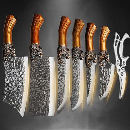 Multi-Piece Kitchen Knife Set with Stainless Steel Labels in Black Three-Piece or Brown Seven-Piece Options