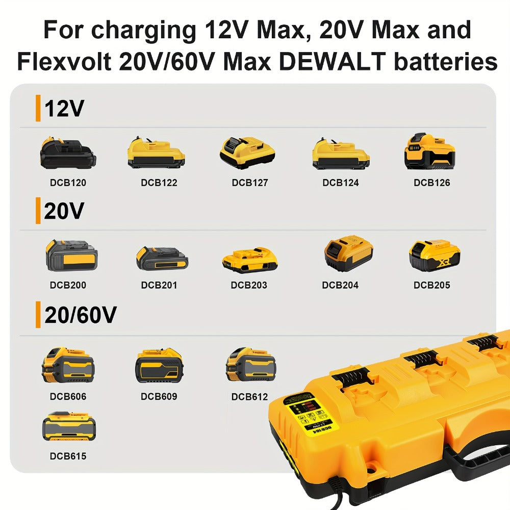 Four-Port Battery Charging Station Compatible with Select DeWalt 12V/20V Batteries, Two USB Ports and US Plug
