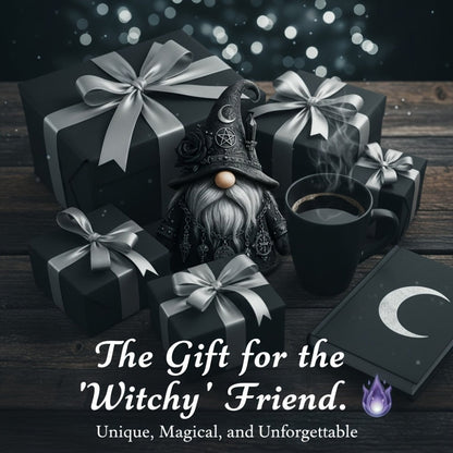 Gothic Gnome Figurine in Resin with Crescent-Marked Hat, Rose and Pentagram Details and 15 x 10cm Size