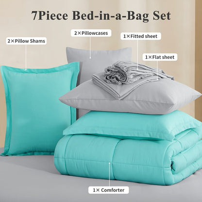 7 Piece Comforter Set Luxury Soft Fluffy Bedding All Season Bed in a Bag with Comforter Fitted Sheet Flat Sheet Pillowcases Hypoallergenic Breathable Easy Care Queen King Twin XL Full