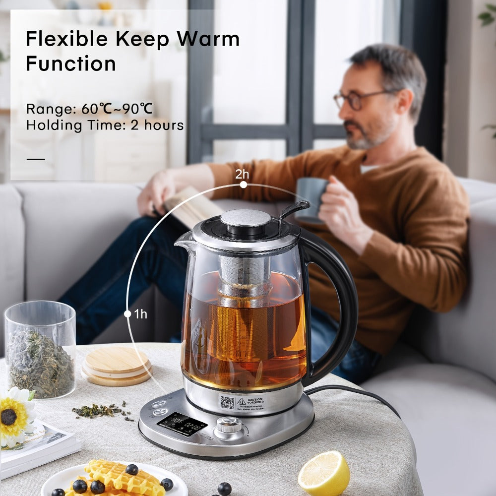 1.7L Glass Tea Kettle with 1200W Heating, Nine Temperature Presets, Removable Infuser and 2-Hour Keep Warm